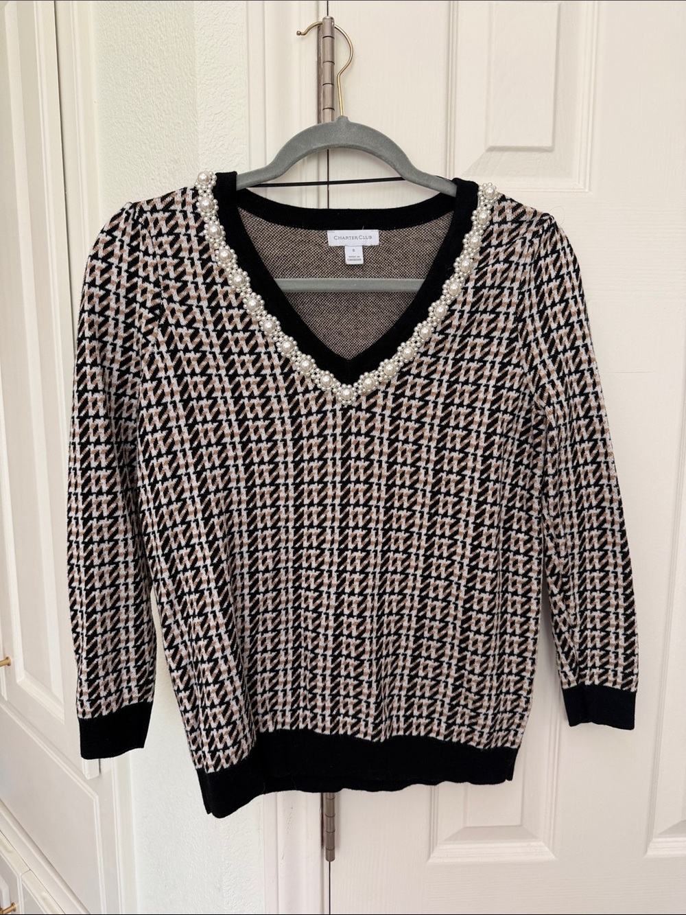 Charter Club Black, Cream & Tan Houndstooth Pearl-Trim V-Neck Sweater